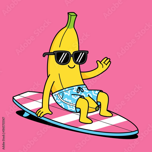 Cute cartoon banana surfing on a board with sunglasses and swim shorts, fun summer illustration style, playful tropical character perfect for stickers, kids designs, beach themes, and cheerful brandin