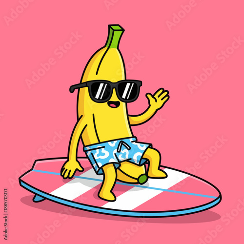 Cute cartoon banana surfing on a board with sunglasses and swim shorts, fun summer illustration style, playful tropical character perfect for stickers, kids designs, beach themes, and cheerful brandin