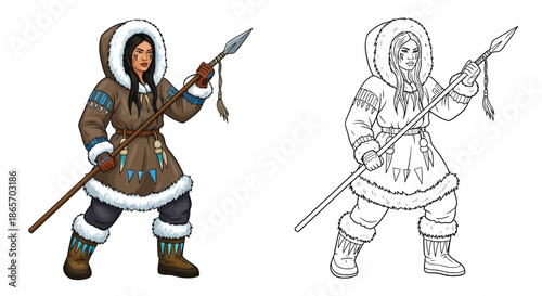 Traditional Eskimo Inuit Woman With Hunting Spear in Arctic Winter Clothing Illustration