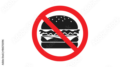 Simple black and white silhouette graphic symbol clearly depicting a universal prohibition sign over a delicious looking cheeseburger indicating no fast food allowed for diet or health reasons