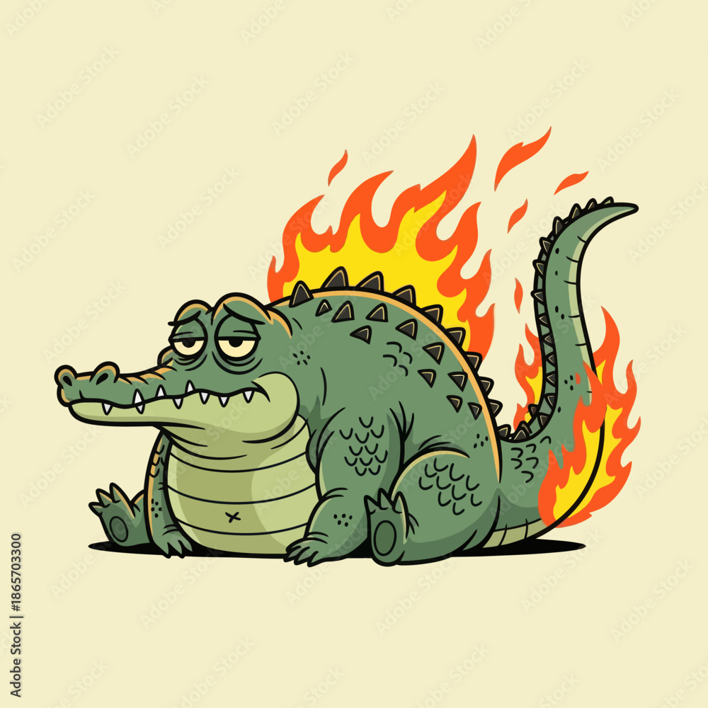 Fototapeta premium Cute cartoon crocodile with green body and flaming tail sitting happily, fantasy monster character illustration, playful style for kids design, stickers, games, and branding.