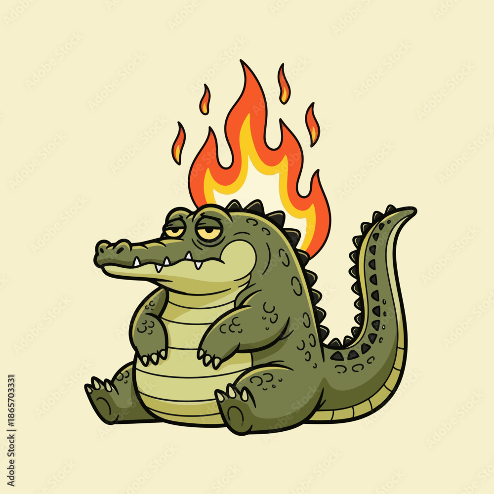 Obraz premium Cute cartoon crocodile with green body and flaming tail sitting happily, fantasy monster character illustration, playful style for kids design, stickers, games, and branding.
