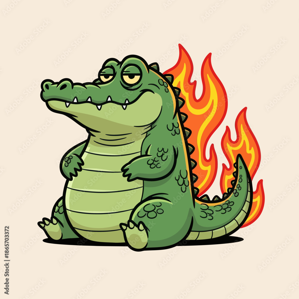 Fototapeta premium Cute cartoon crocodile with green body and flaming tail sitting happily, fantasy monster character illustration, playful style for kids design, stickers, games, and branding.