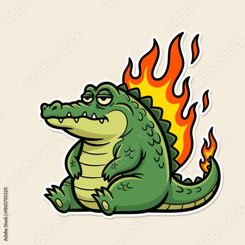 Cute cartoon crocodile with green body and flaming tail sitting happily, fantasy monster character illustration, playful style for kids design, stickers, games, and branding.