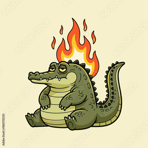 Cute cartoon crocodile with green body and flaming tail sitting happily, fantasy monster character illustration, playful style for kids design, stickers, games, and branding.