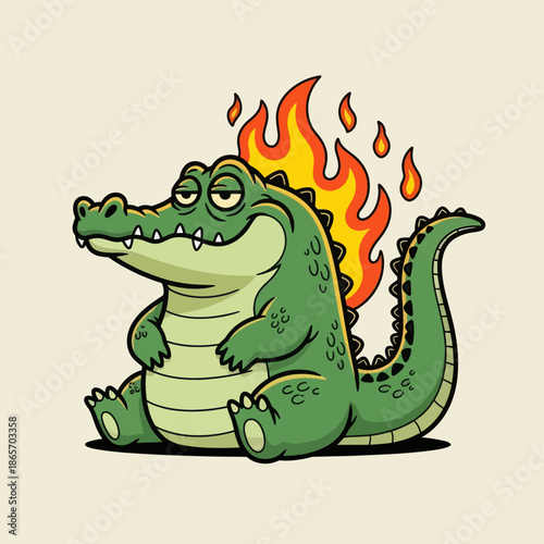 Cute cartoon crocodile with green body and flaming tail sitting happily, fantasy monster character illustration, playful style for kids design, stickers, games, and branding.