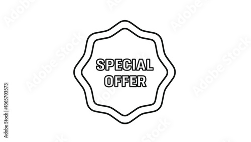 A simple black and white line art graphic featuring a stylized, slightly wavy badge shape prominently displaying the bold text special offer for promotional advertising needs