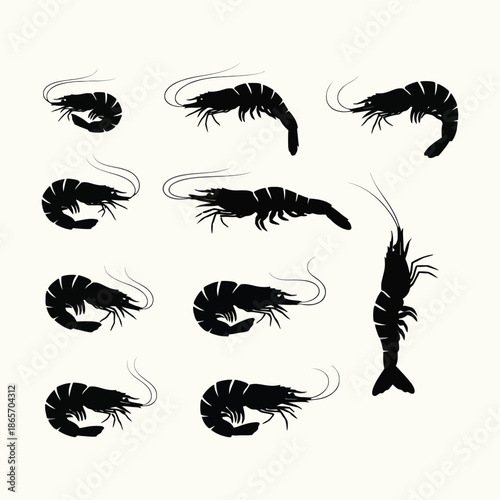 Flat Minimalist Shrimp and Prawn Silhouette Icon Set