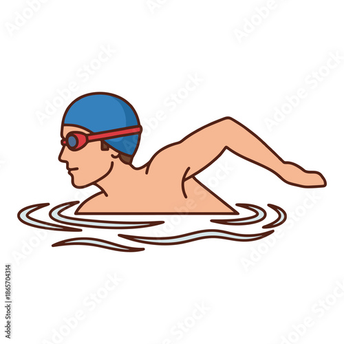 Male Athlete Swimming Freestyle Stroke Flat Design Vector Profile