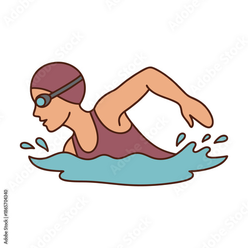 Woman Swimming Freestyle in Purple Swimsuit Flat Design Illustration