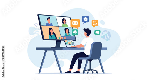 Modern illustration of a man participating in a professional video conference with several colleagues on a large computer screen.