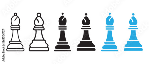 Set of Chess Bishop Icons. Line Art, Solid Black, and Blue Variations.