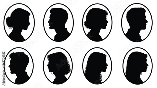 illustration of silhouetted female and male profiles in oval frames with diverse hairstyles and gender representation Silhouette vector on whit Background