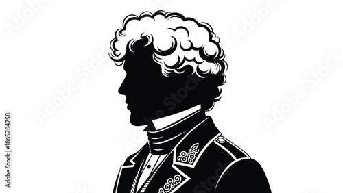 Elegant vintage style illustration of a man in 19th century formal attire with intricate embroidery and curly hair Silhouette vector on whit Background