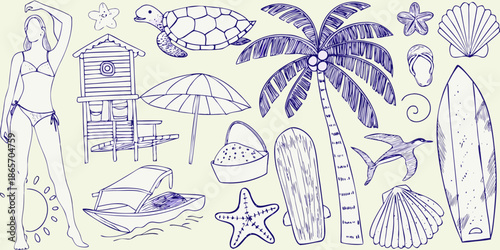 A whimsical sketch of beach elements woman turtle palm tree and seaside treasures
