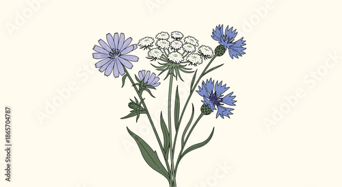 Delicate botanical illustration of wildflowers including cornflowers and white umbellifers on a pale cream-colored vintage background.