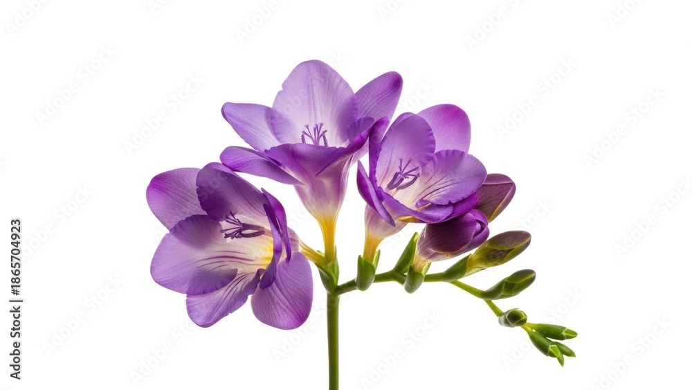 Obraz premium Purple freesia flower, blooming violet freesia floral stem, isolated on white
