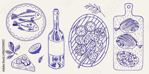 A charming sketch of seafood wine vegetables and a cutting board