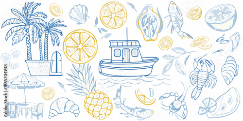 A charming collection of coastal elements including a boat fruit and marine life