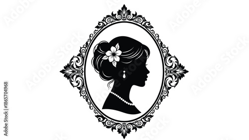 Elegant vintage of a woman with floral hair accessory and pearl necklace in ornate frame for classic beauty or fashion Silhouette vector on whit Background