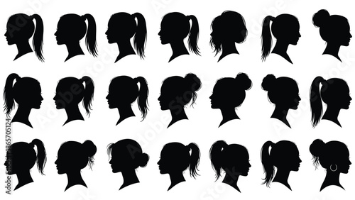 Collection of diverse female profiles with various hairstyles and accessories in black white with woman profile Silhouette vector on whit Background