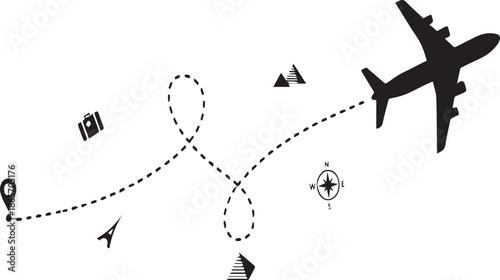 Black Silhouette Airplane Travel Route with World Landmark Icons