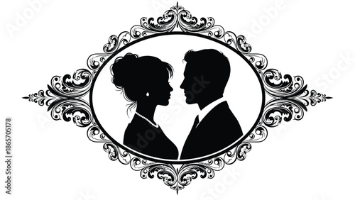 Elegant illustration of a romantic couple facing each other within an ornate decorative frame for love with romance Silhouette vector on whit Background
