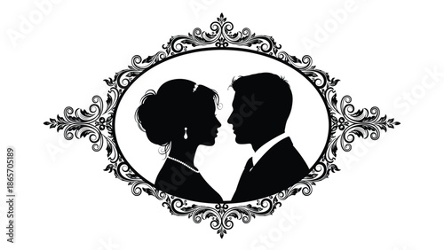Elegant vintage illustration of a romantic couple in formal attire within an ornate decorative frame for wedding and love Silhouette vector on whit Background