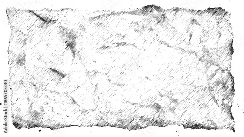 Black and white textured crumpled paper background with torn edges and ink splatters