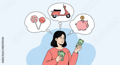 Young woman holding money and thinking about spending options like buying candy a new scooter or saving in a pink piggy bank.