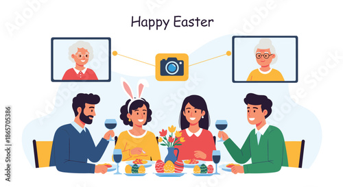 Family enjoying a festive Easter dinner while connecting with their grandparents through a video call on two digital monitor screens.