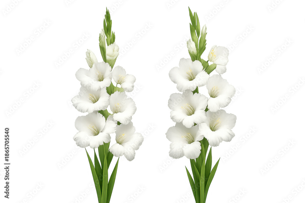 Fototapeta premium White gladiolus flowers blooming on green stems, elegant floral botanical illustration on transparent background