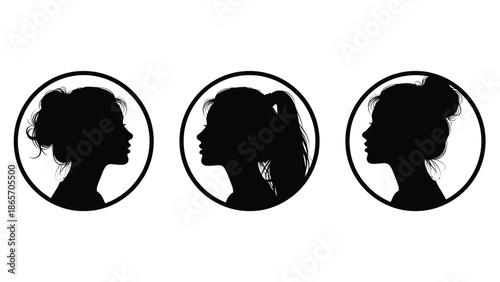 Set of three black profiles of women with different hairstyles in circular frames for beauty, fashion, and profile design Silhouette vector on whit Background