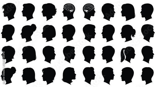 Collection of diverse human illustrations showing different genders ages and hairstyles in profile view Silhouette vector on whit Background