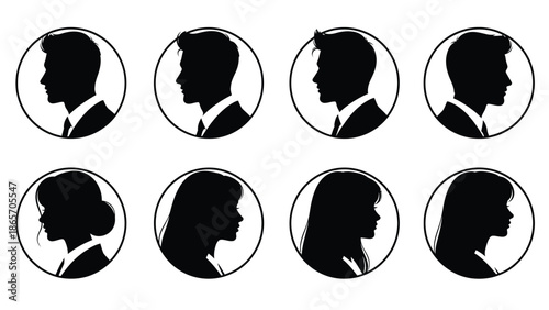 illustration of diverse male and female profile silhouettes in circular frames representing gender diversity and identity Silhouette vector on whit Background