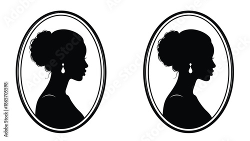 Elegant portrait of a woman with classic updo hairstyle and earrings inside an oval frame illustration with fashion Silhouette vector on whit Background
