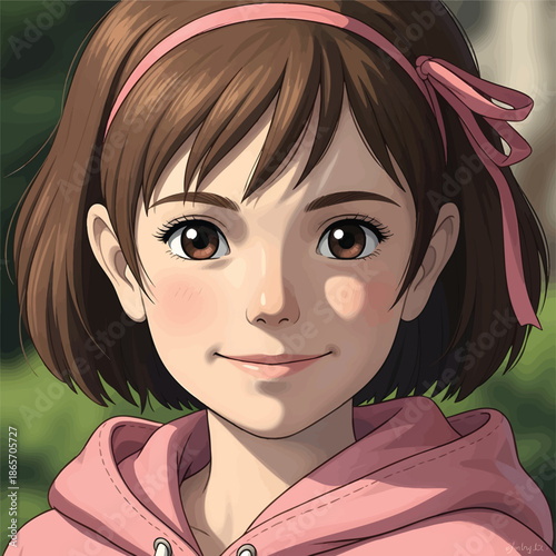 Young anime girl portrait smiling happily outdoors