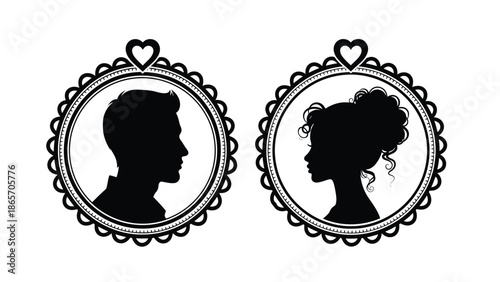 Elegant illustration of romantic couple portraits in heart shaped frames with decorative borders for love and relationship Silhouette vector on whit Background