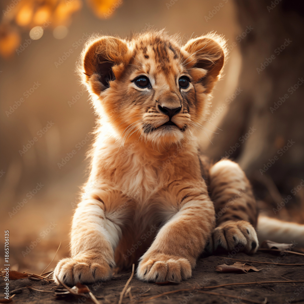 Obraz premium Close-up of a charming lion cub with soulful eyes, bathed in soft golden hour sunlight, highlighting its fluffy fur and gentle nature in a serene wildlife setting.