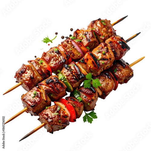 Grilled kyrgyz meat shashlik without any background distractions, professionally isolated on a white background for easy use in various media