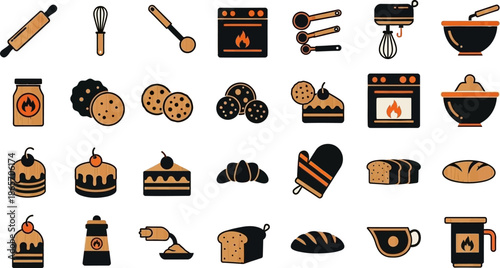 Baking & Cooking Icons Set – Kitchen Tools, Desserts, Ingredients (Outline Black & Orange)