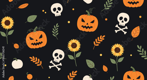 Seamless Halloween pattern with spooky carved pumpkins white skulls yellow sunflowers and autumn leaves on a dark black background.