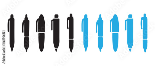 Assorted Pen Icons Collection Black and Blue on White Background.