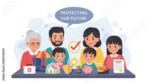 Diverse family and grandparents with insurance policy protecting our future concept vector illustration for financial security and planning