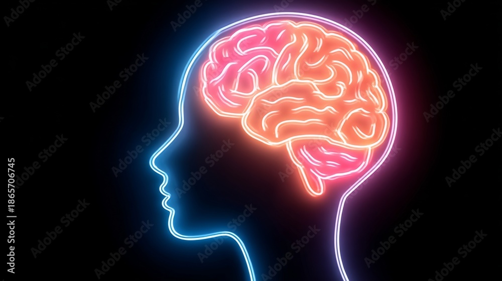 Obraz premium Glowing neon outline of a human head and brain in blue and pink. Suitable for psychology blogs, neuroscience websites, or mental health platforms discussing cognition, ideas, and therapy.
