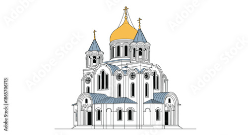 Elegant line drawing of a traditional Orthodox church with white walls and a striking golden dome against a clean white background.