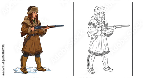 Historical Frontier Woman With Rifle in Winter Gear Color and Detailed Line Art Drawing
