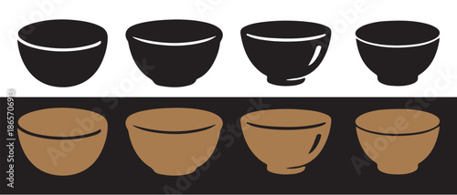 Set of Ceramic Bowls, Black and Brown, Divided Background.