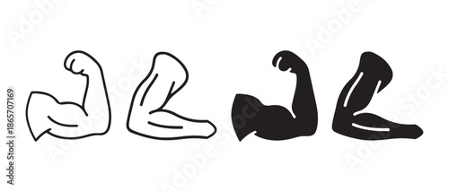 Muscle Arm Icons. Flexed and Relaxed Biceps, Outline and Solid Styles.