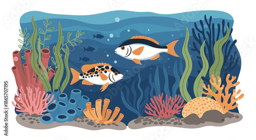 Vibrant underwater illustration of a coral reef with colorful fish swimming among various types of sponges and sea vegetation.